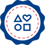 Our Mission blue badge with triangle, heart, circle and square inside